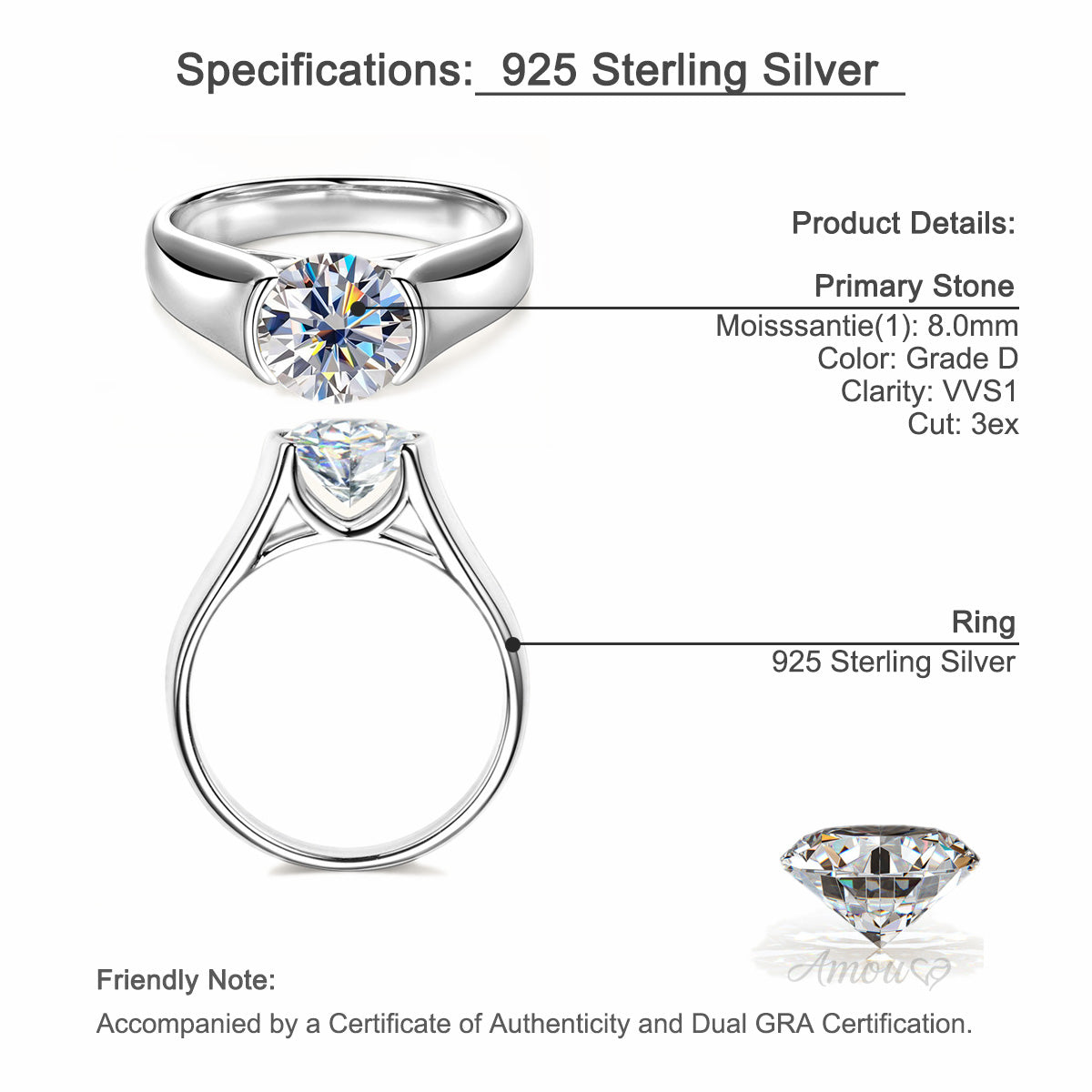 Half-Bezel Moissanite Solitaire Ring in 925 Sterling Silver