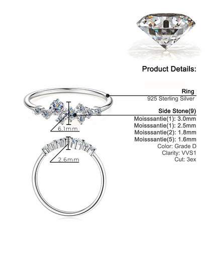 Unique Starry Sky Moissanite Cluster Ring - S925 Sterling Silver Niche Design Fine Jewelry for Women