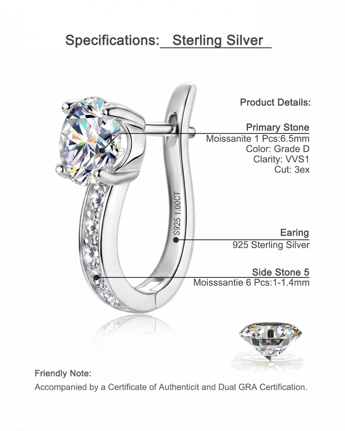 Chic Micro-Pave Moissanite Hoop Earrings - S925 Sterling Silver Niche Design Solitaire Ear Buckles for Women