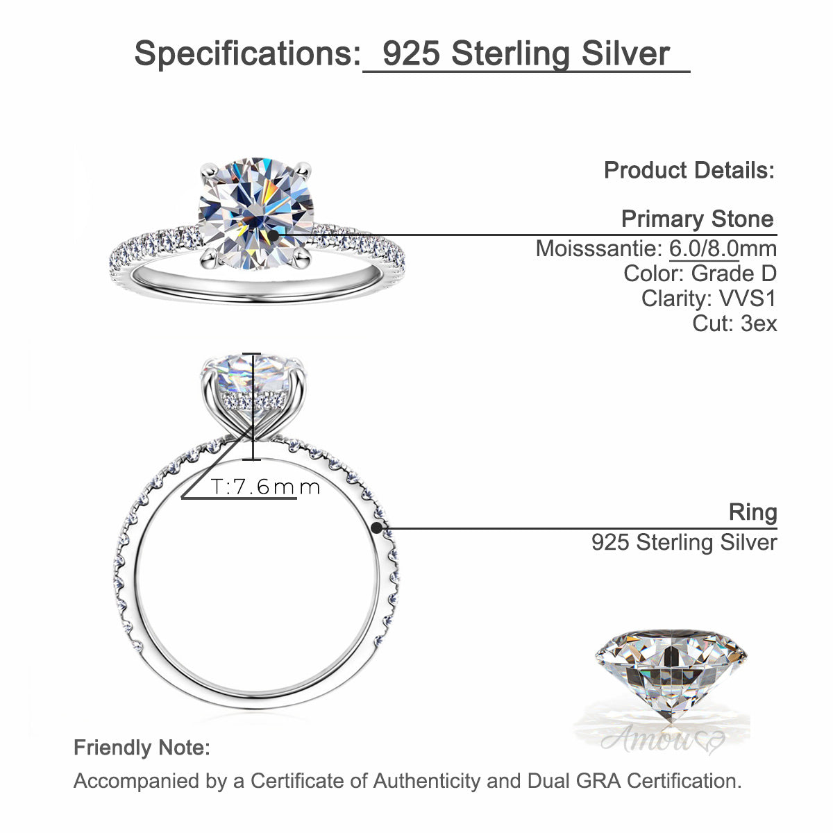 Hidden Halo Moissanite Ring with Pavé Band in 925 Sterling Silver