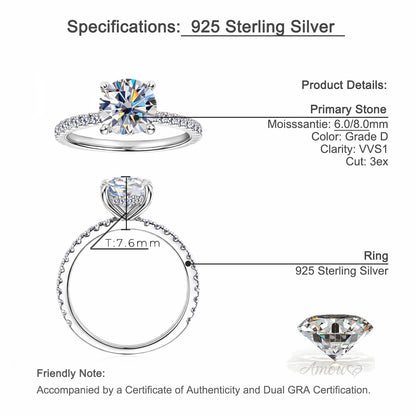 Hidden Halo Moissanite Ring with Pavé Band in 925 Sterling Silver