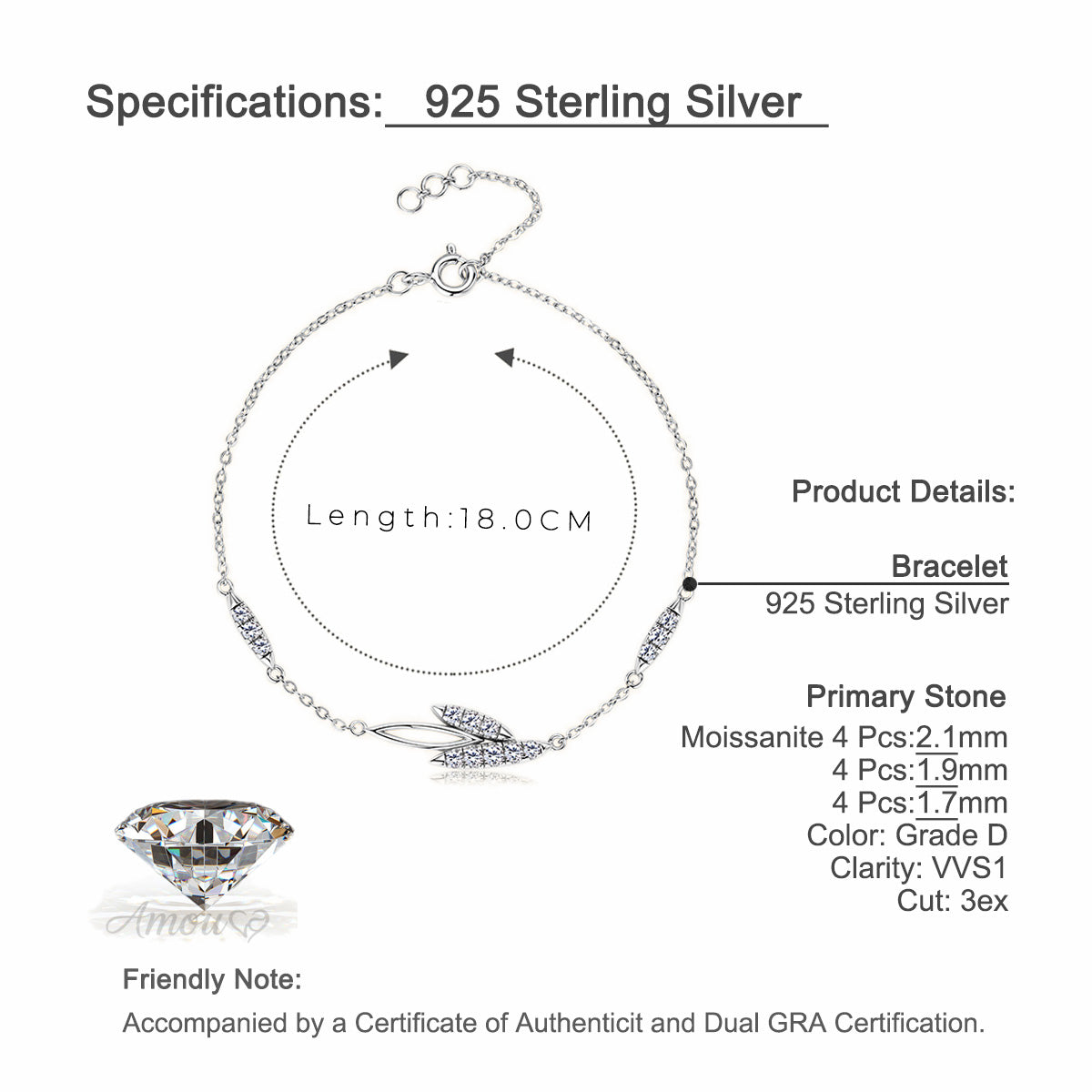 Sparkling Moissanite Willow Leaf Silver Bracelet