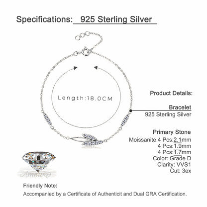 Sparkling Moissanite Willow Leaf Silver Bracelet