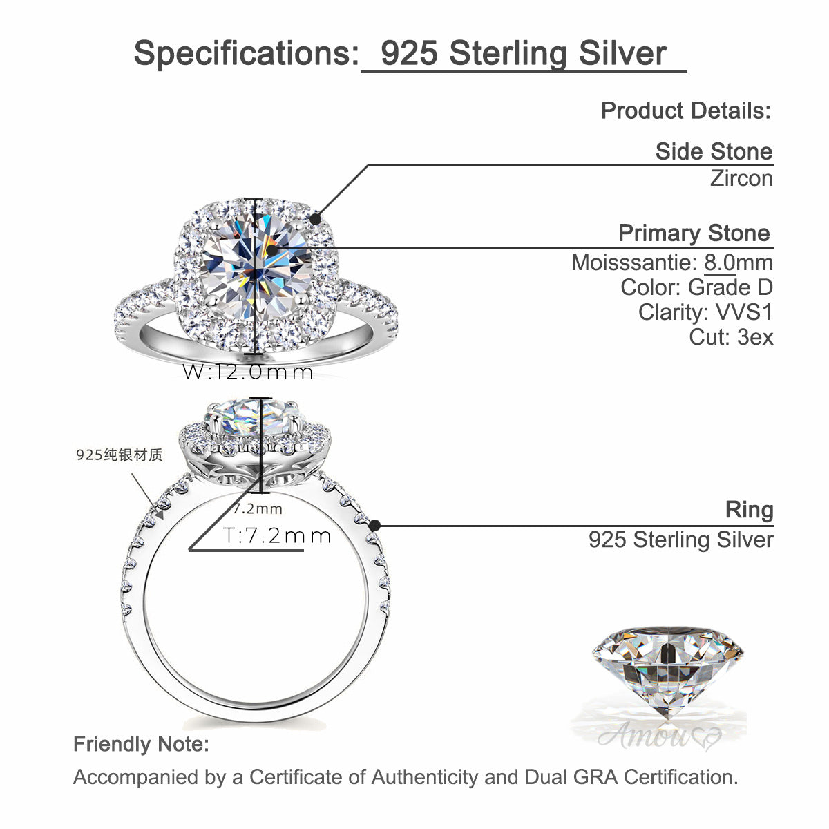Cushion Halo Moissanite Ring with Pavé Band in 925 Sterling Silver