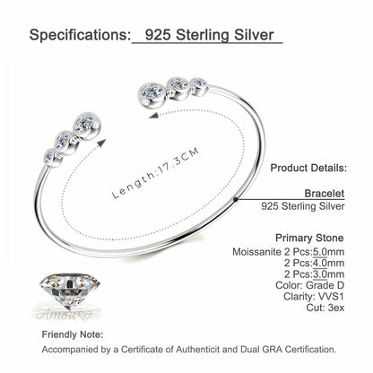 Bezel-Set Moissanite Open Cuff Bracelet in 925 Sterling Silver