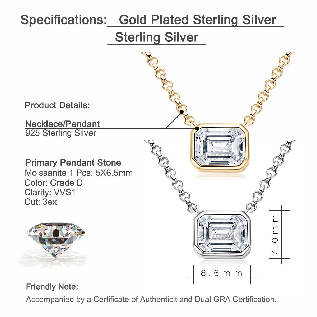 Sleek Bezel Emerald Cut Moissanite Pendant Silver Necklace