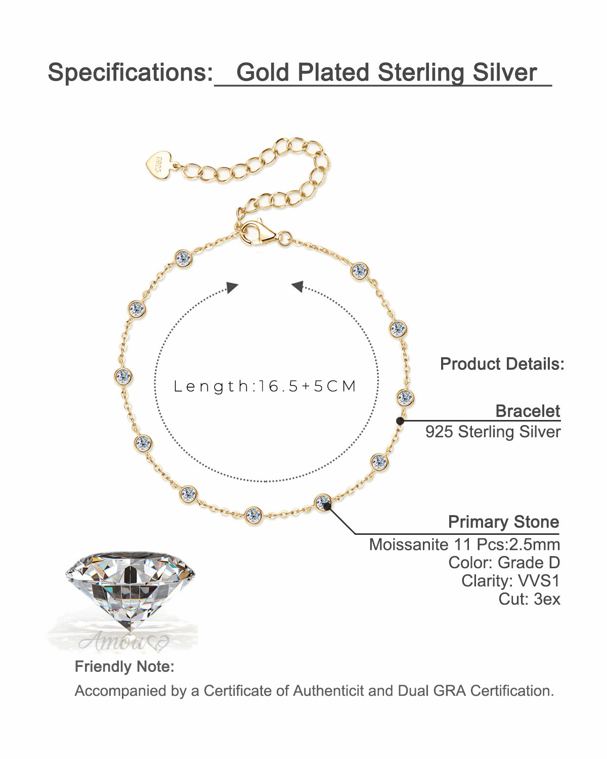 Classic Bezel-Set Moissanite Bracelet - S925 Sterling Silver Minimalist Jewelry