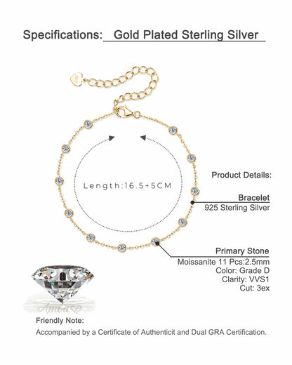 Classic Bezel-Set Moissanite Bracelet - S925 Sterling Silver Minimalist Jewelry