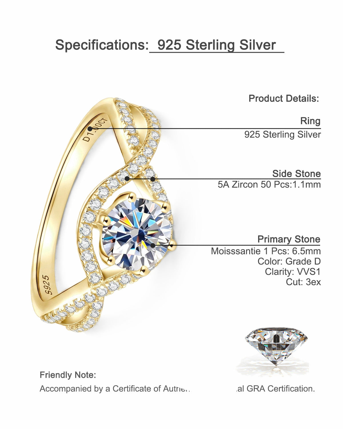 Classic 1-Carat Six-Prong Moissanite Engagement Ring - S925 Sterling Silver Twisted Band for Women