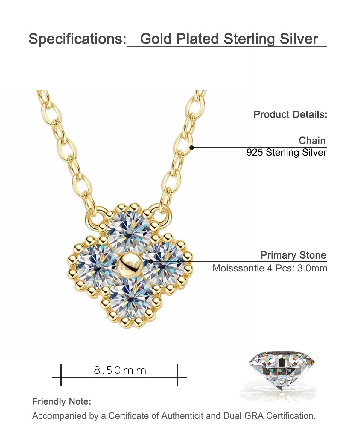 Four-Leaf Clover S925 Sterling Silver Moissanite Pendant Necklace