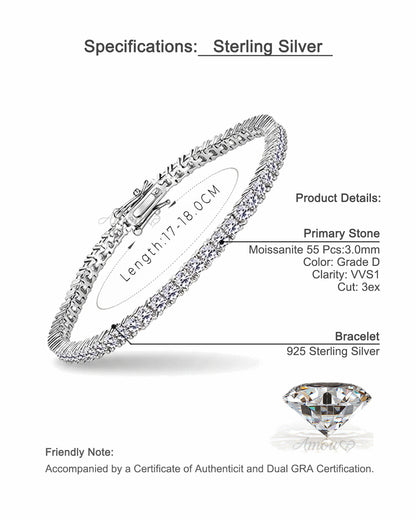 Minimalist Moissanite Station Tennis Chain Bracelet - S925 Sterling Silver Fine Jewelry