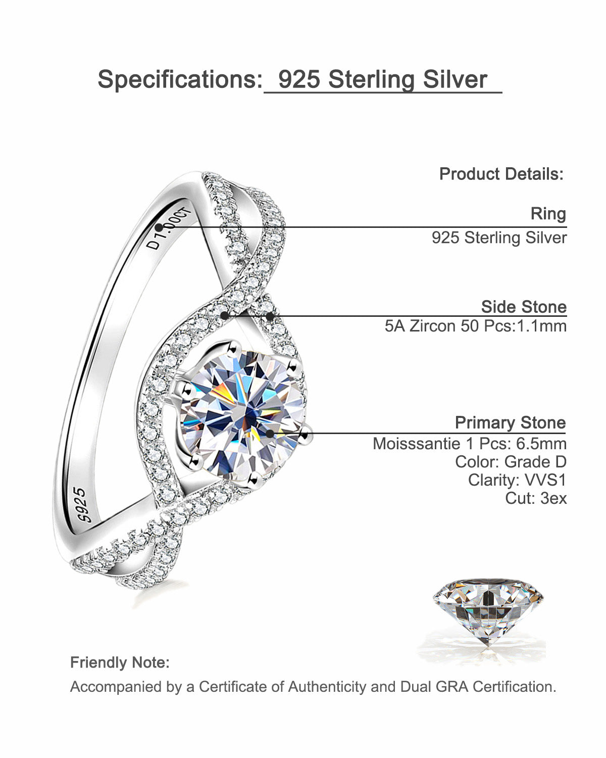 Classic 1-Carat Six-Prong Moissanite Engagement Ring - S925 Sterling Silver Twisted Band for Women