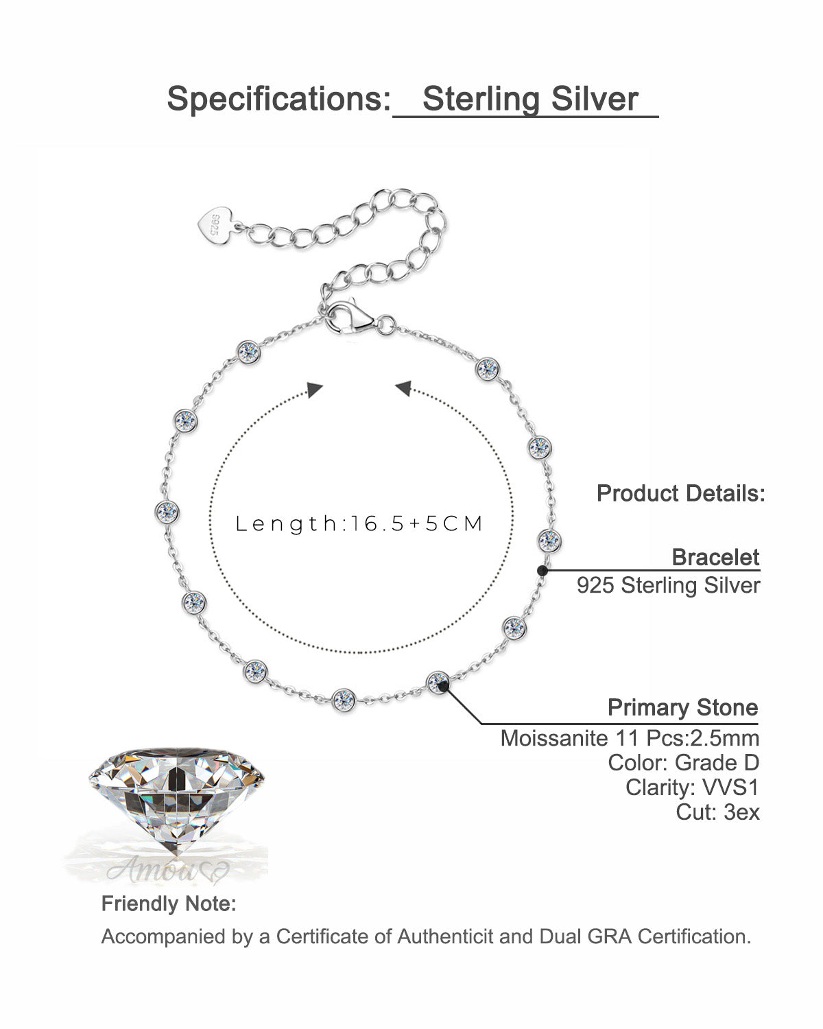 Classic Bezel-Set Moissanite Bracelet - S925 Sterling Silver Minimalist Jewelry