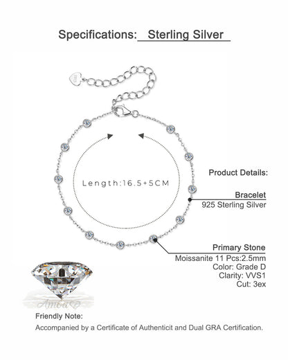 Classic Bezel-Set Moissanite Bracelet - S925 Sterling Silver Minimalist Jewelry