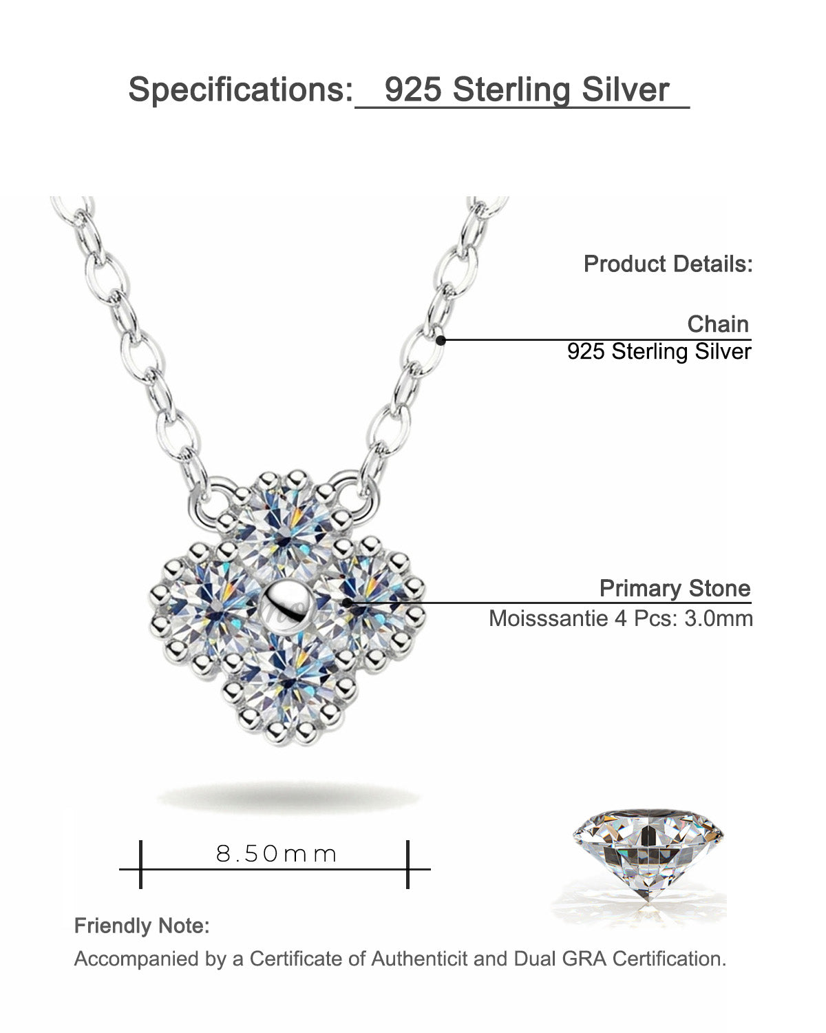 Four-Leaf Clover S925 Sterling Silver Moissanite Pendant Necklace