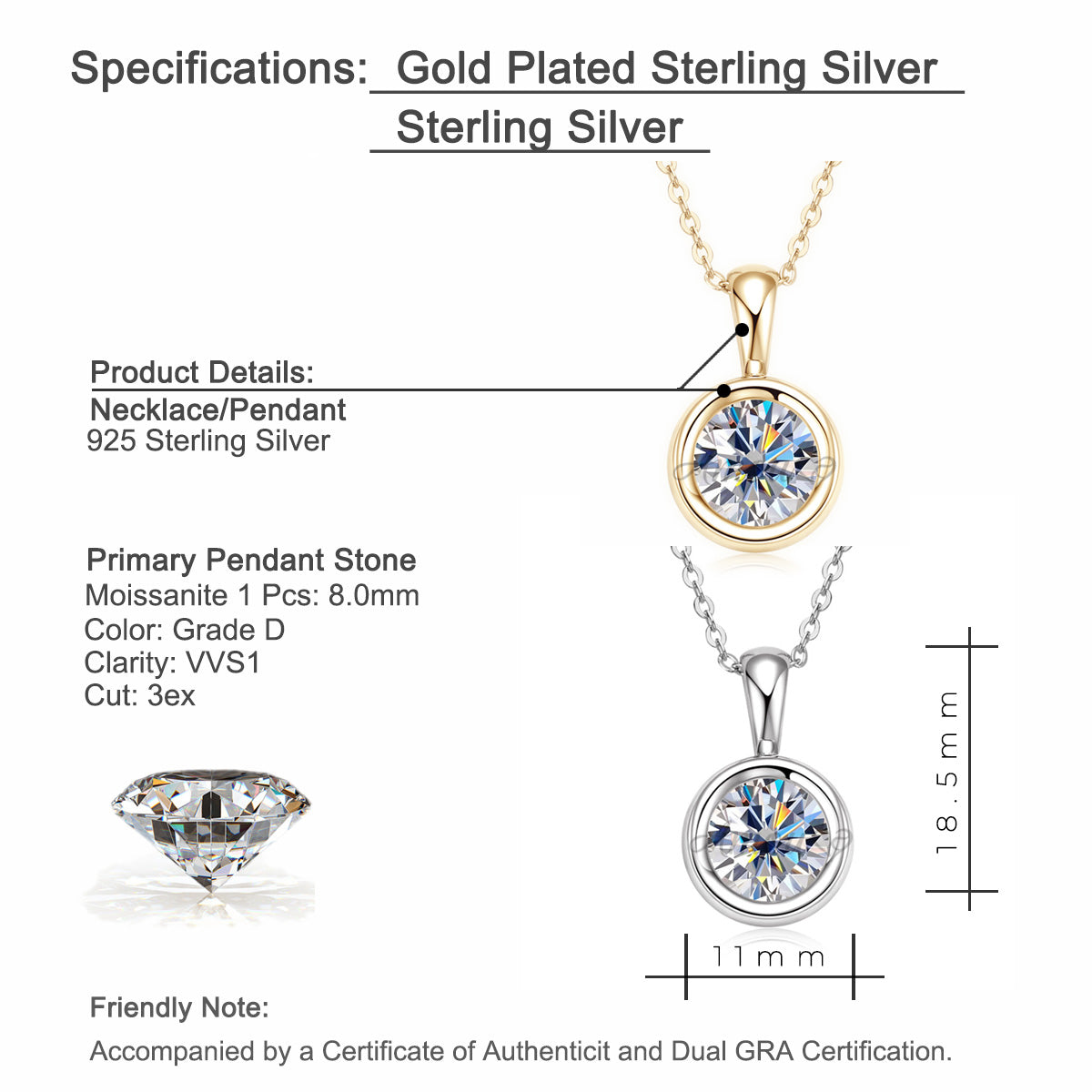 Minimalist Round Bezel Moissanite Solitaire Pendant Silver Necklace