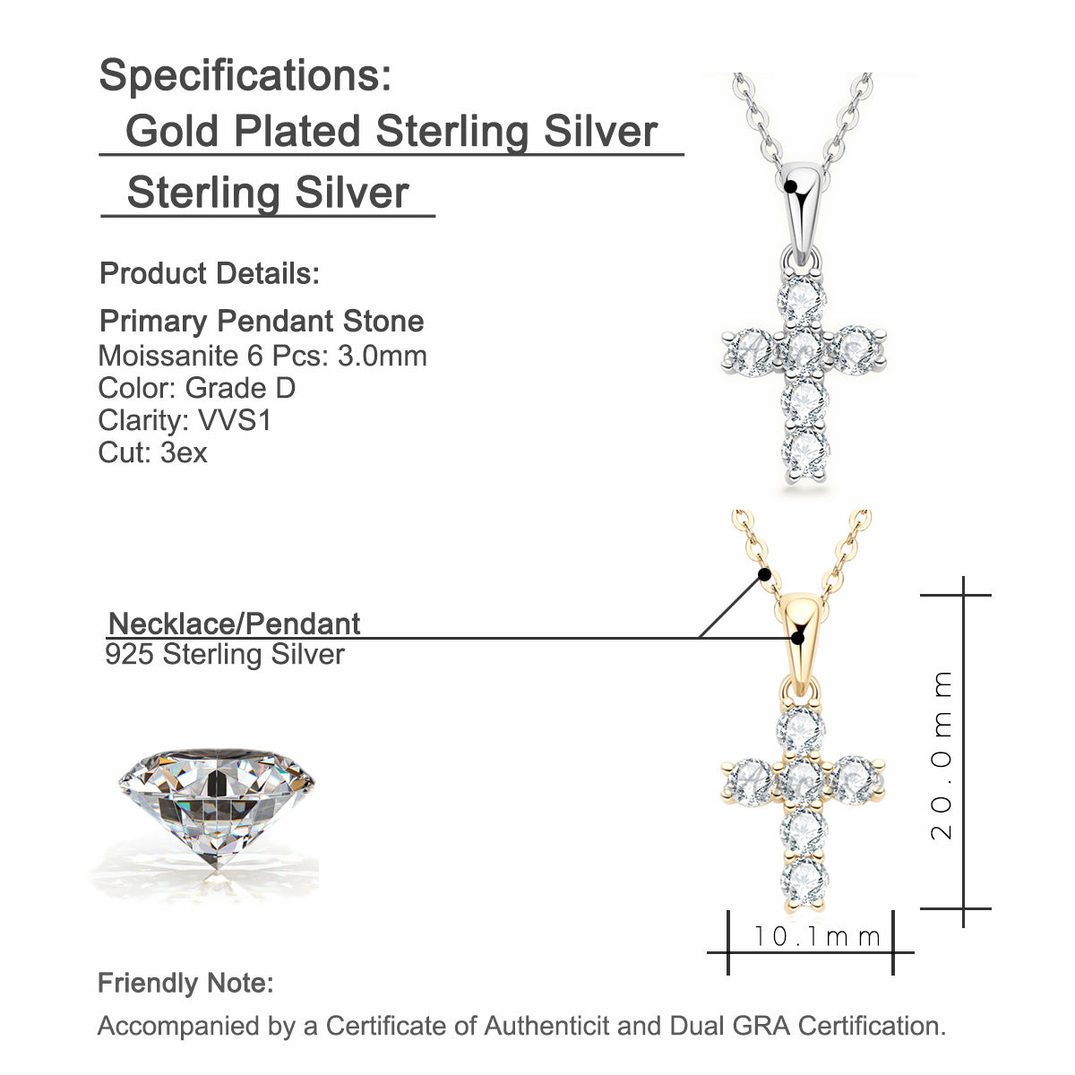 Moissanite Cross Pendant Silver Necklace D VVS1