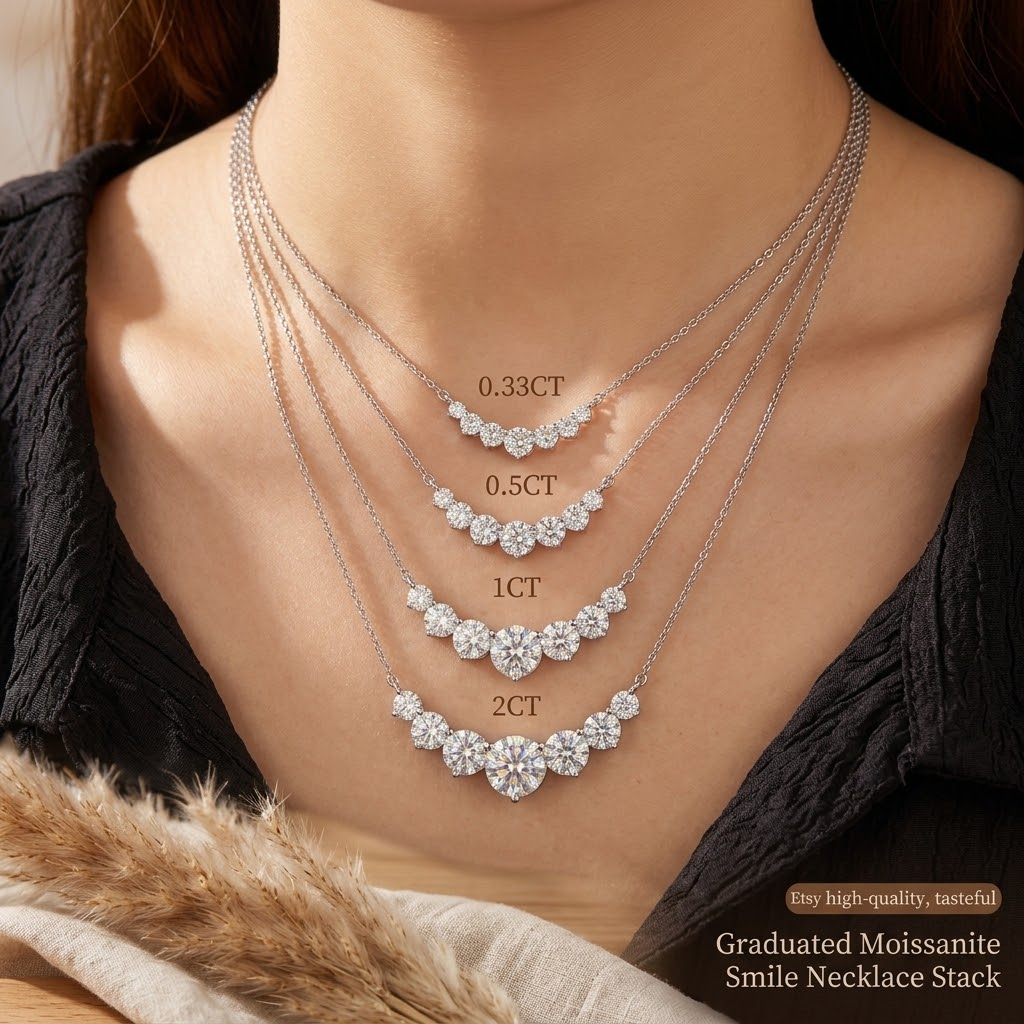 Graduated Moissanite Curved Smile Necklace Journey Bar Pendant