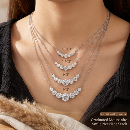 Graduated Moissanite Curved Smile Necklace Journey Bar Pendant