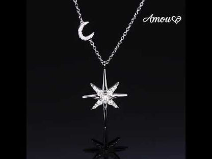 Celestial North Star & Moon Moissanite Necklace - Sparkling S925 Sterling Silver Starburst Pendant Jewelry for Women