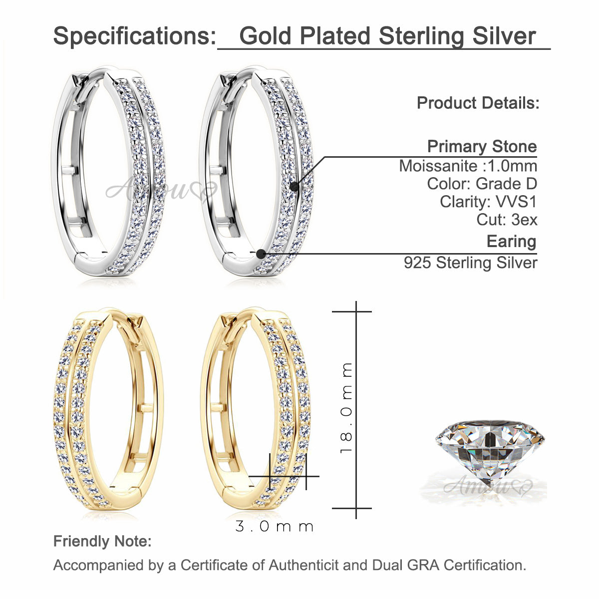 Classic Double Row Moissanite Hoop Silver Earrings