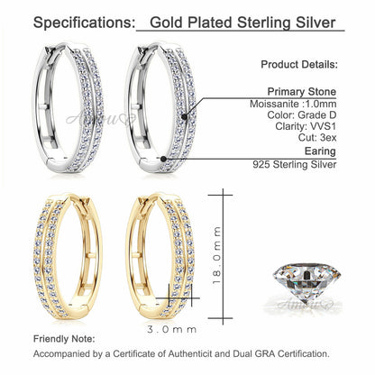 Classic Double Row Moissanite Hoop Silver Earrings